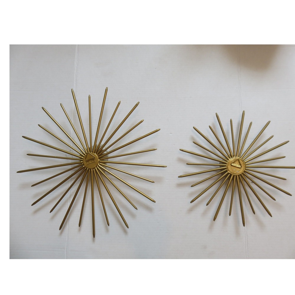 Gold MCM Metal Sunburst Wall Art Set Natural White Quartz Geode Centers 2pc - Picture 7 of 10